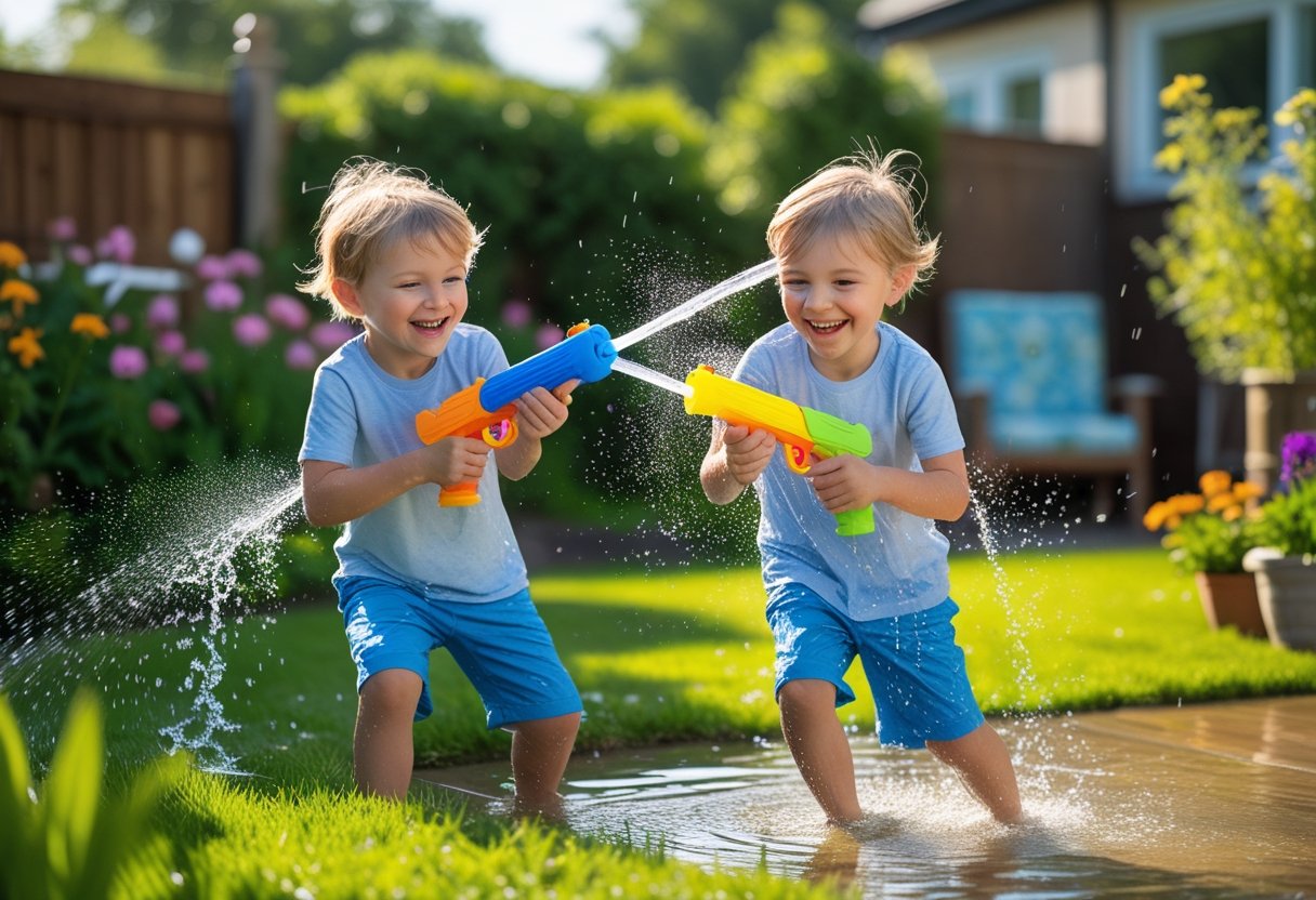 Sjove aktiviteter for tvillinger vandpistoler til leg i haven